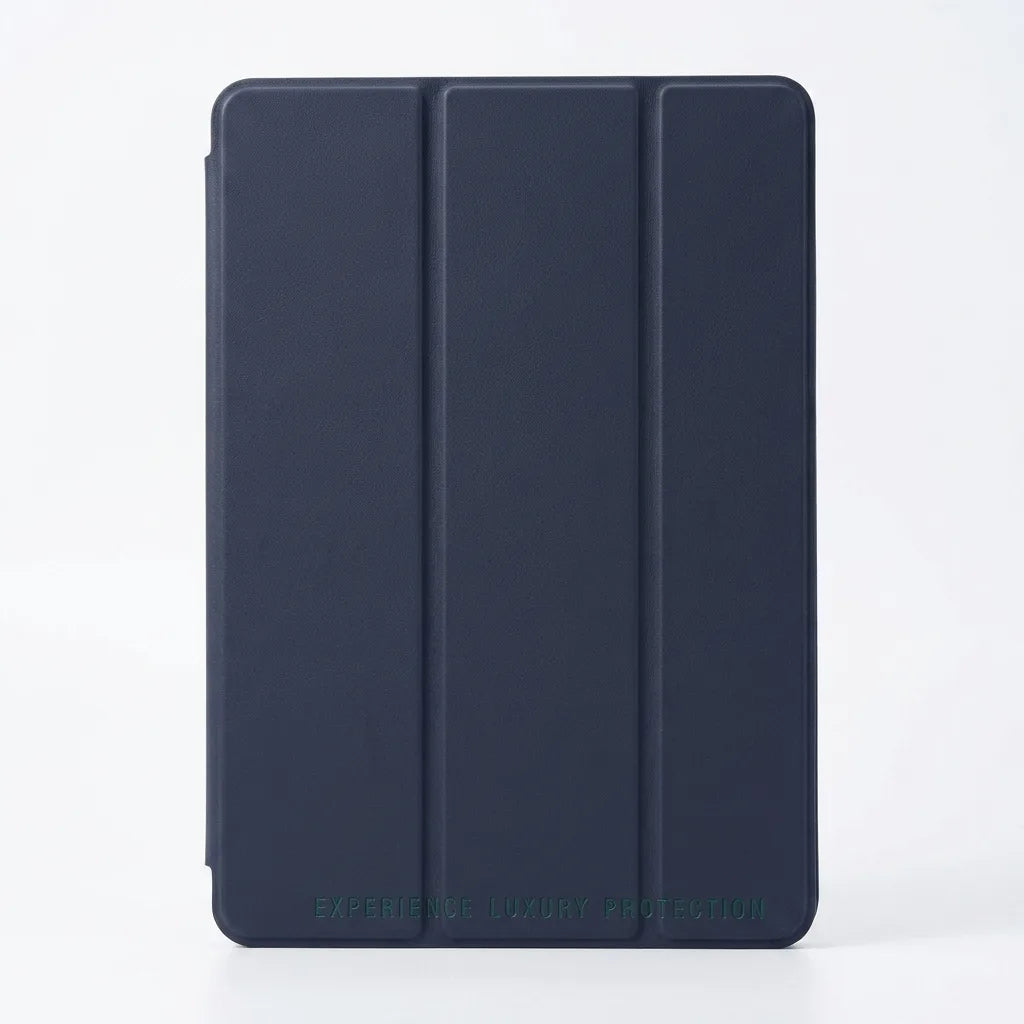 Navy blue tablet case with a subtle texture on a white background