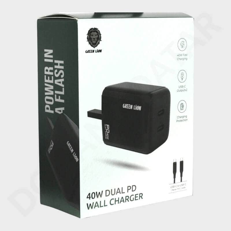 Dohans Chargers Green Lion 40W PD Dual Wall Type-C Port With Date Cable Charger