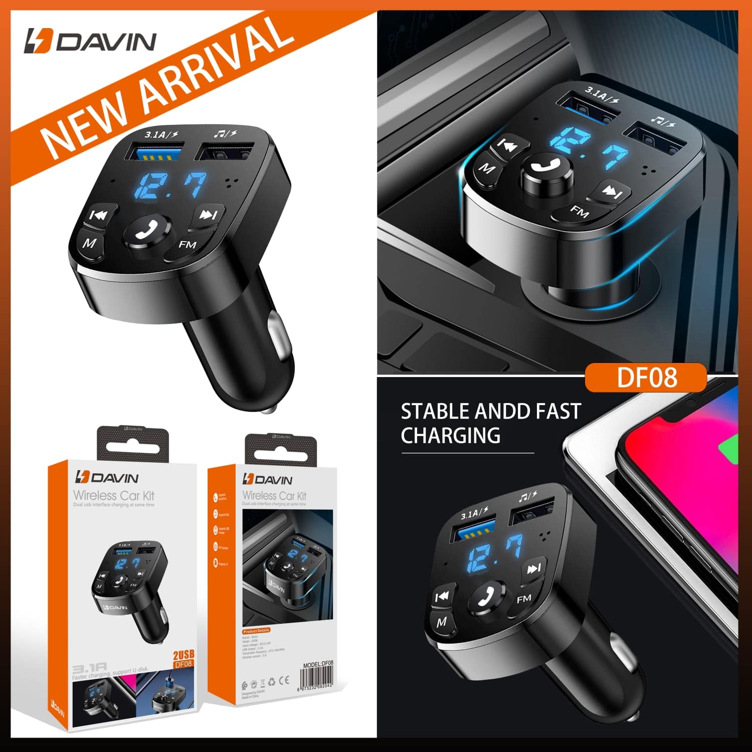 Dohans Power Adapters & Chargers Davin DF06 Wireless Car Kit 3.1A 2USB Charger