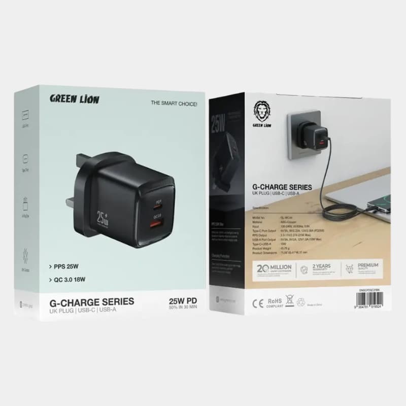 Green Lion G-Charge Series 25W PD USB-A + USB-C Adapter - Dohans Essentials - qatar