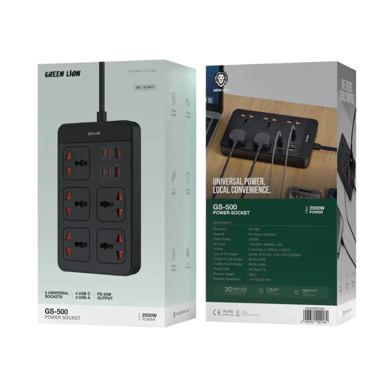 Green Lion GS-500 Power Socket Adapter 5 Sockets 6 USB - 3M - Dohans Essentials - qatar