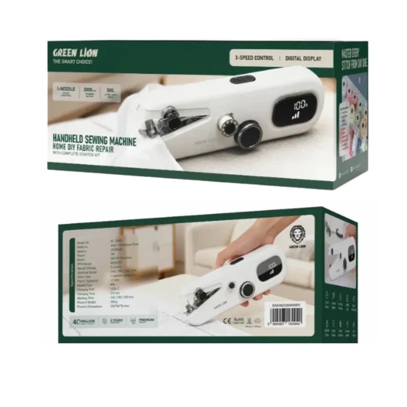 Green Lion handheld sewing machine shown in its retail packaging, with the box front and back visible on a plain white background. The packaging features a white sewing machine with dark green branding and product details.