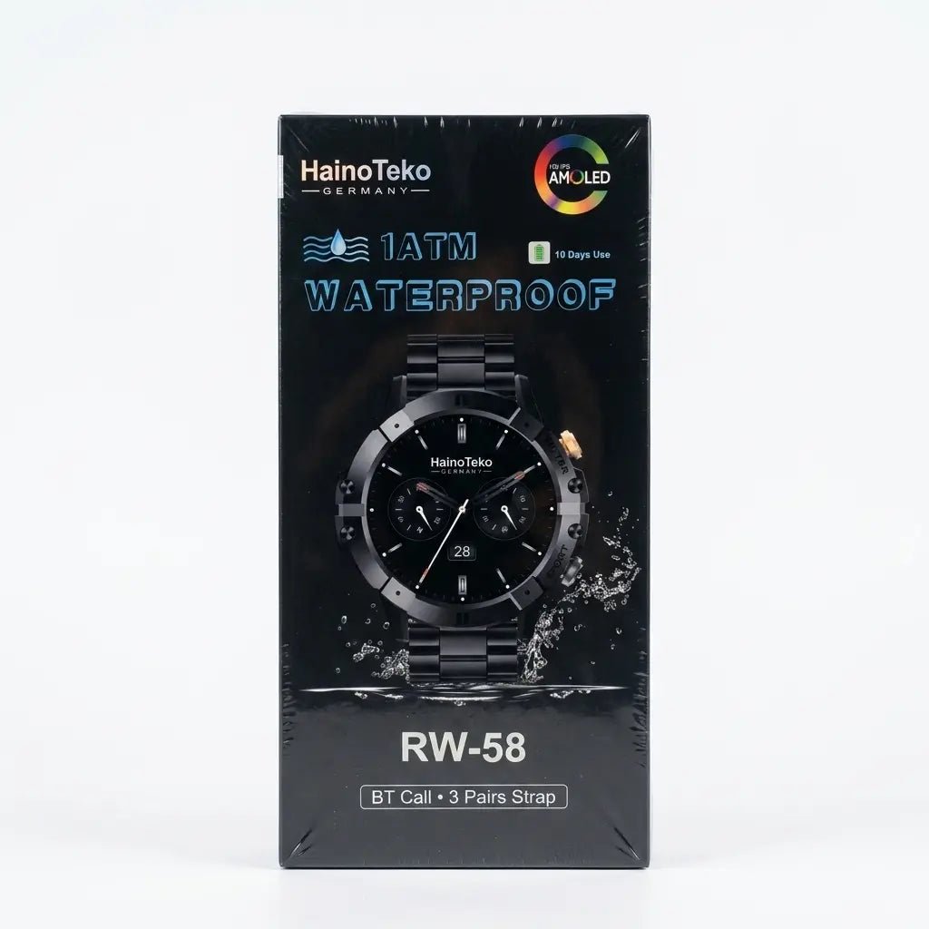 HainoTeko Germany RW-58 AMOLED Smartwatch – Black, 3 Straps, 10-Day Battery, 1ATM Waterproof - Dohans Essentials - qatar