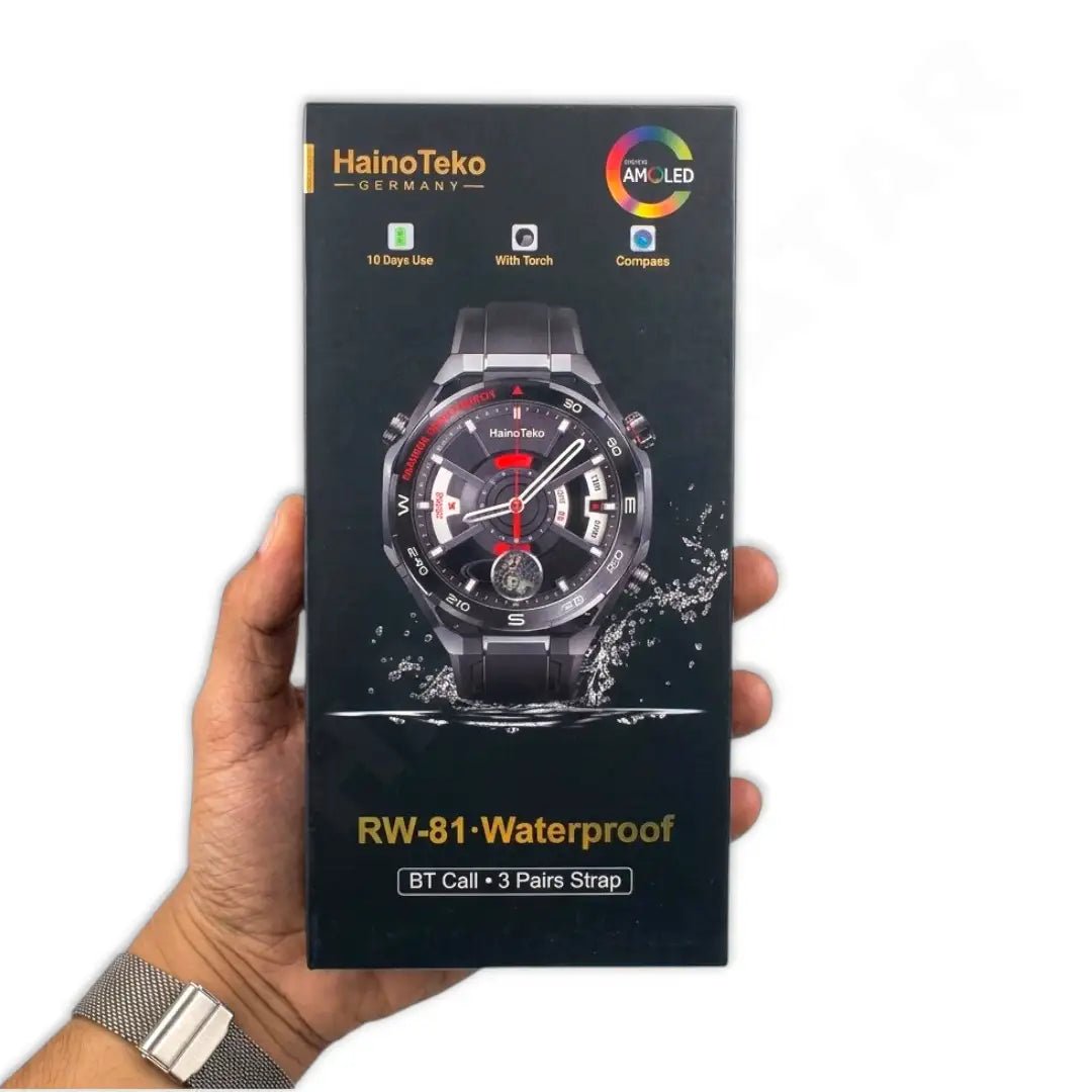 HainoTeko RW-81 AMOLED Smartwatch with BT Call, Compass & Torch — Black/Silver - Dohans Essentials - qatar