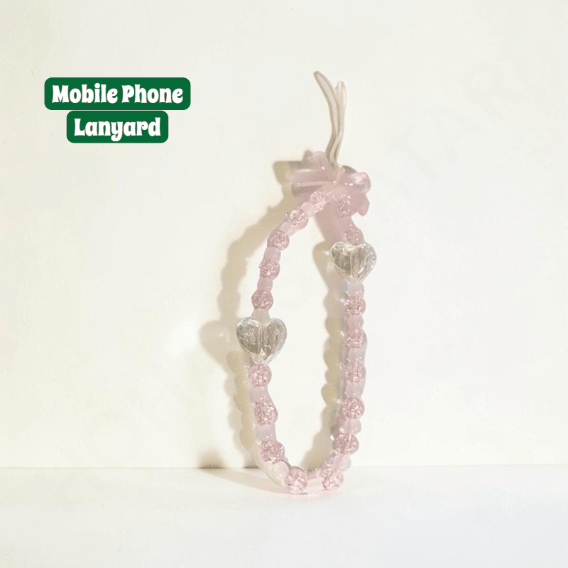 Heart Chain Phone Lanyard with Pink Beads & Bow Pendant - Dohans Essentials - qatar