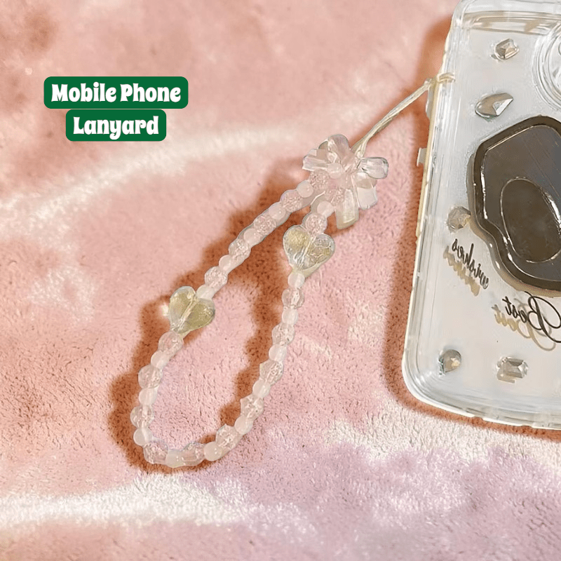 Heart Chain Phone Lanyard with Pink Beads & Bow Pendant - Dohans Essentials - qatar