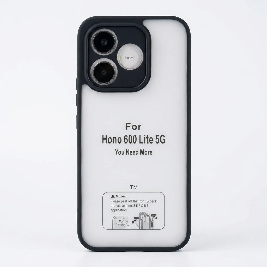 A white phone case with a black bumper frame, featuring humorous printed text that reads 'For Hono 600 Lite 5G You Need More' and a small instruction graphic near the bottom.
