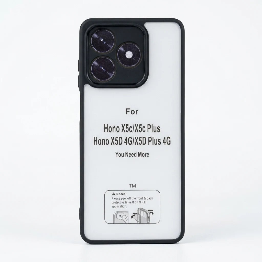 A white phone case with a black bumper frame, featuring compatibility text for Hono X5c/X5c Plus, Hono X5D 4G/X5D Plus 4G, and a small installation notes graphic at the bottom.