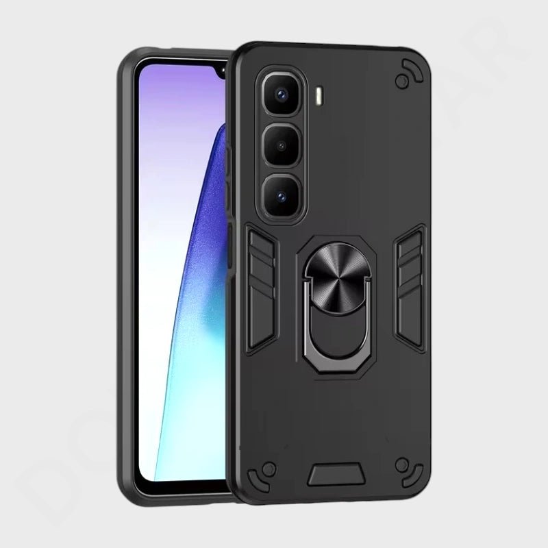 Black phone case with a ring holder on a gray background