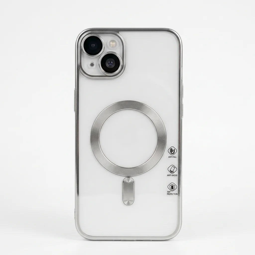 A clear protective phone case with a metallic silver MagSafe ring and a small vertical metal accent on the back, shown on a white iPhone against a clean white background.