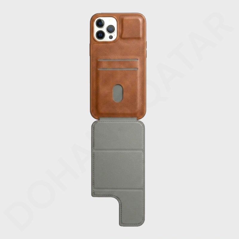 A brown leather flip phone case with a gray inner folio insert, shown open against a light gray background.