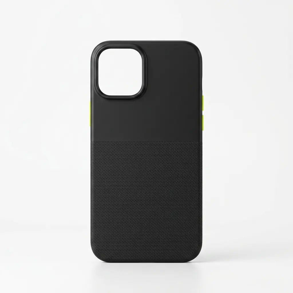 A black textured phone case with a matte finish and small lime green accents on the side buttons, shown on a white background.