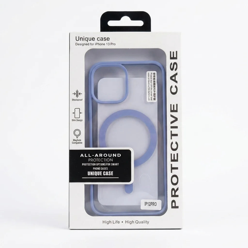 A light blue protective phone case in its original retail packaging, designed for an iPhone 13 Pro. The packaging is white with black text and features a clear window showing the case inside.