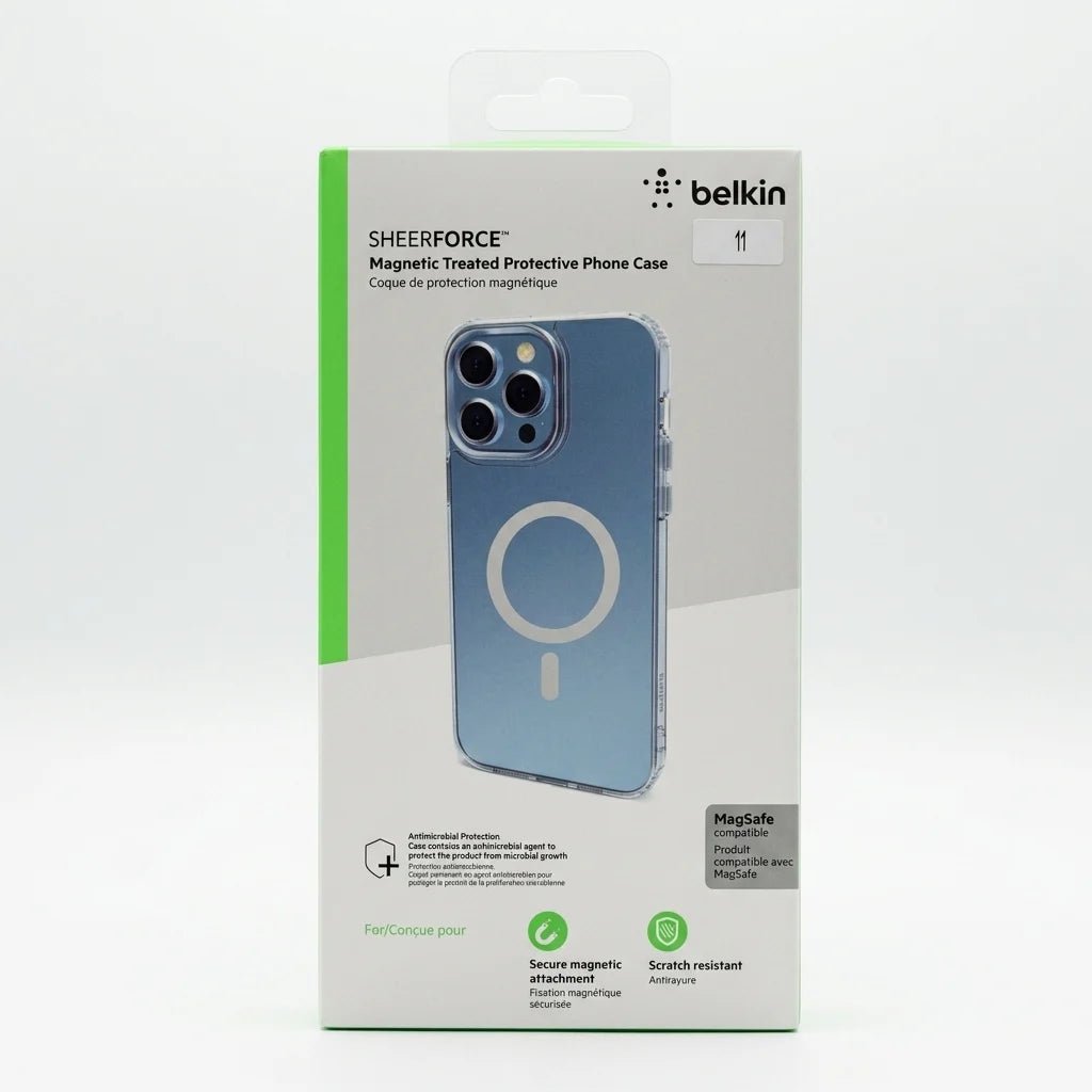 Belkin Sheerforce Magnetic Treated Protective Phone Case in blue, shown in its original retail packaging against a white background.