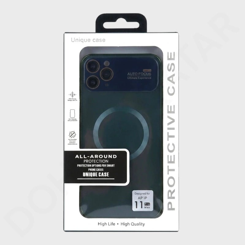 A boxed smartphone protective case shown in retail packaging on a light gray background. The package contains a dark translucent case visible through a clear window, with printed text including 'PROTECTIVE CASE', 'ALL-AROUND PROTECTION', and 'UNIQUE CASE'.