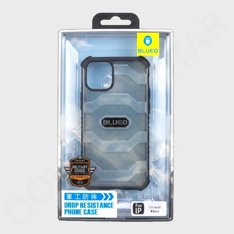 Blueo brand drop resistance phone case in its retail packaging, featuring a black and translucent gray rugged design.