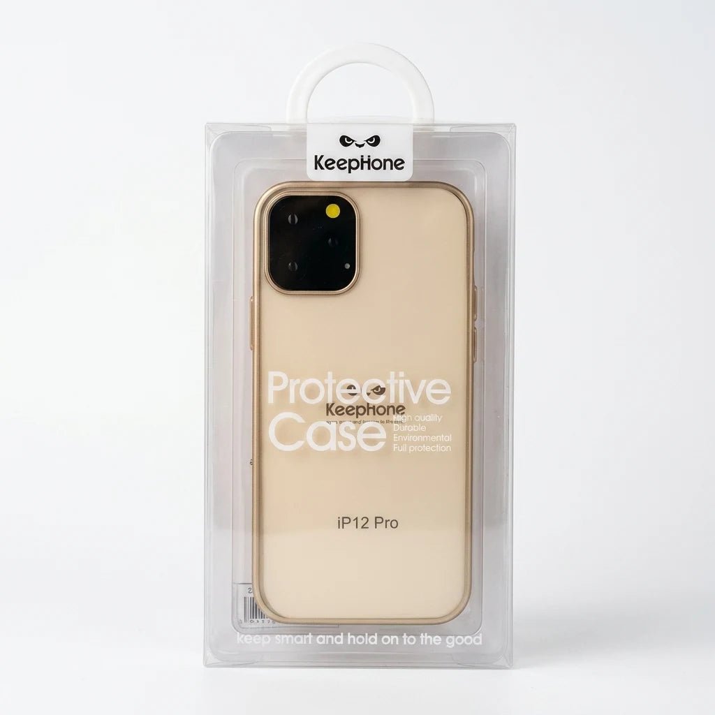 A gold-colored phone case by Keepphone, packaged in a clear plastic retail box with a white hanging loop, shown against a plain white background.