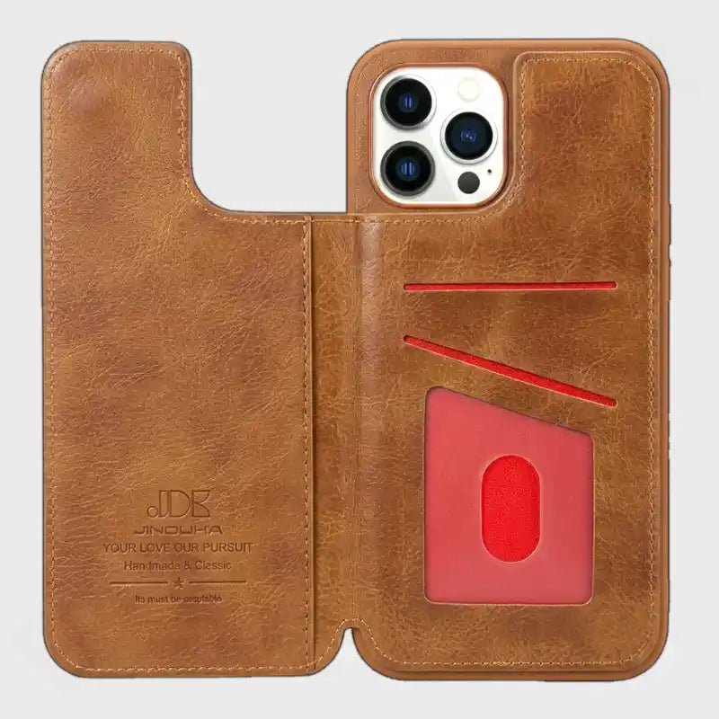 A brown leather folio phone case shown open, with a built-in phone camera cutout, card slots, and a red transparent ID window on the back. The brand name 'JDB' is embossed on the inside left flap.