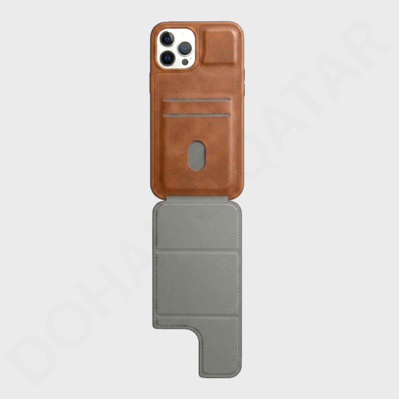 A brown leather flip phone case with a gray inner folio insert, shown open against a light gray background.