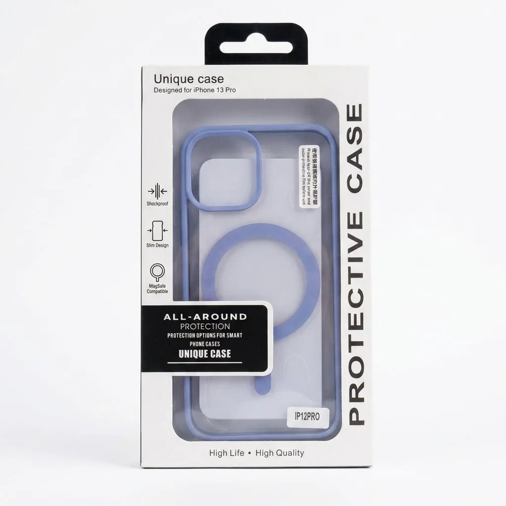 A light blue protective phone case in its original retail packaging, designed for an iPhone 13 Pro. The packaging is white with black text and features a clear window showing the case inside.