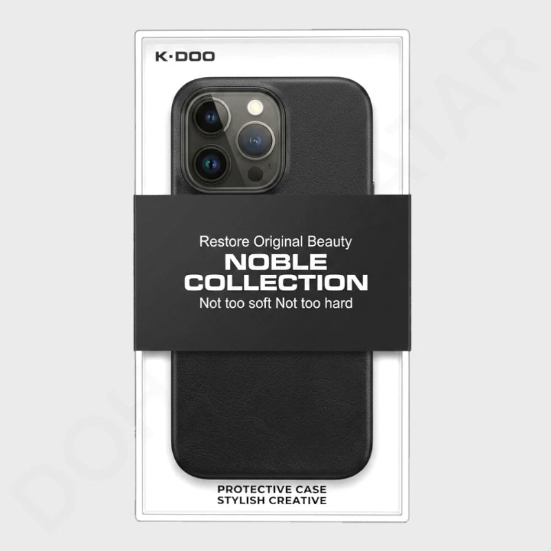 A black leather protective phone case by K-DOO, shown inside its white retail packaging with a black paper band reading 'NOBLE COLLECTION'.