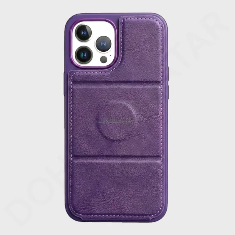 A purple textured leather phone case with a built-in card pocket and kickstand, shown on a light gray background.