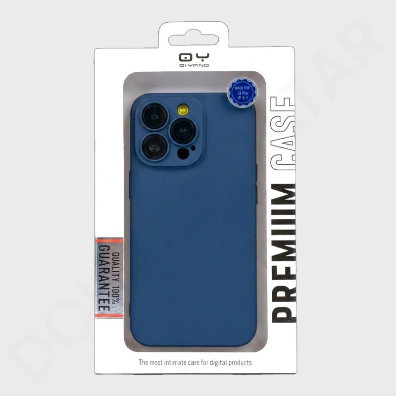 A blue phone case in its original retail packaging, featuring a white box with 'PREMIUM CASE' printed vertically on the right side and a 'QUALITY 100% GUARANTEE' label on the left.