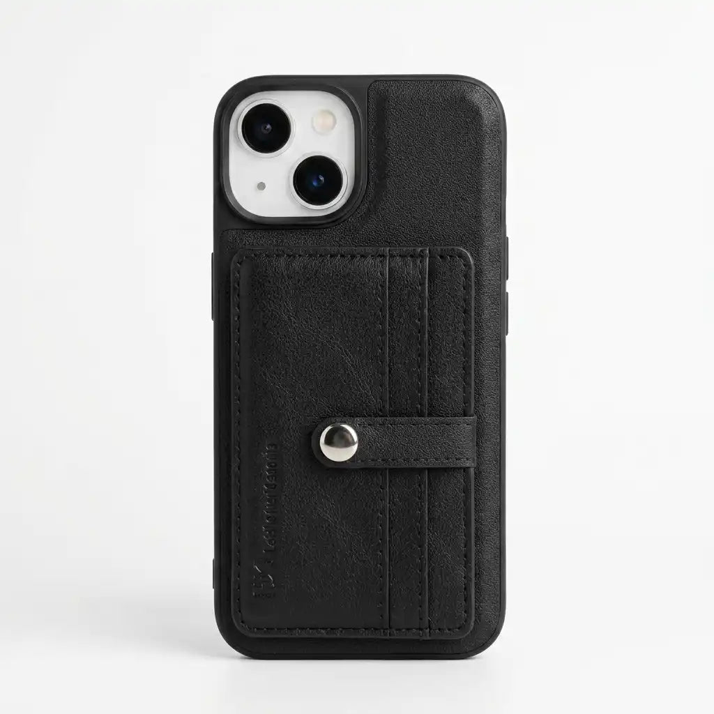 Black textured leather phone case with a front card pocket and a silver snap button, shown on a white background.
