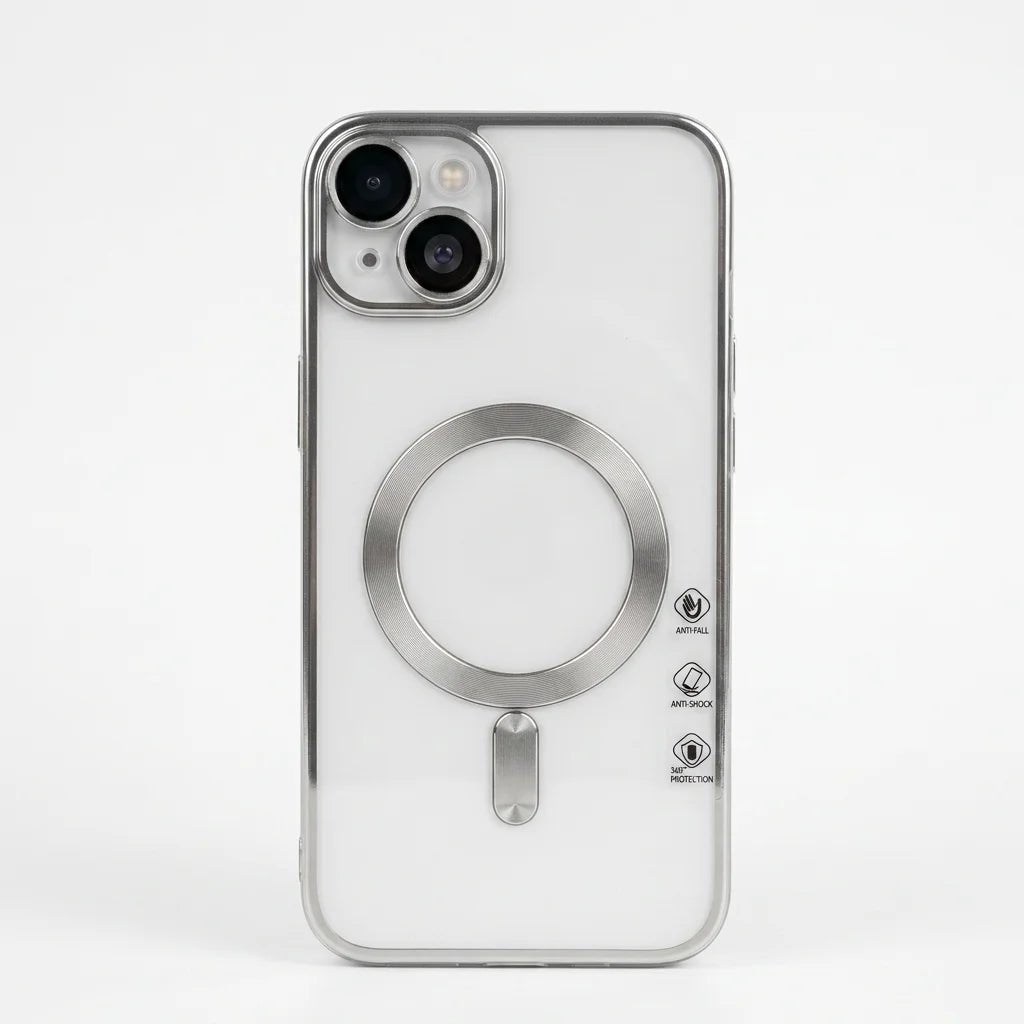 A clear protective phone case with a metallic silver MagSafe ring and a small vertical metal accent on the back, shown on a white iPhone against a clean white background.