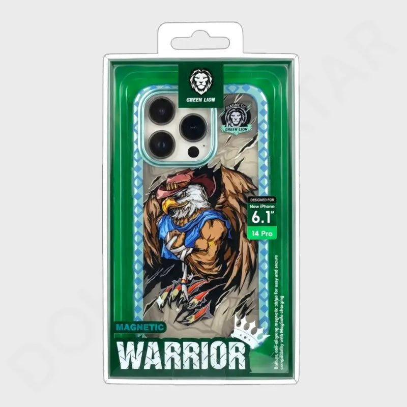 Green Lion brand magnetic phone case for iPhone 14 Pro, featuring a graphic illustration of a muscular eagle warrior on a green and white blister pack packaging.