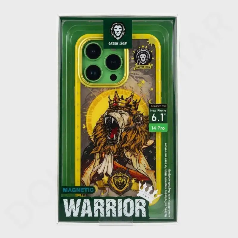 A boxed phone case featuring a roaring lion illustration and the text 'GREEN LION' and 'WARRIOR', shown in its retail packaging against a light gray background.