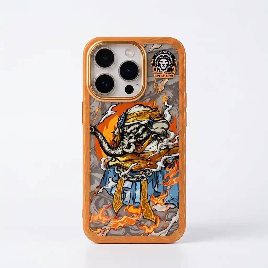 A protective phone case with a warm orange-brown bumper and a detailed graphic of a warrior elephant amidst flames. The case features a circular 'Crew Lion' logo on the top right corner and is shown on a clean white background.