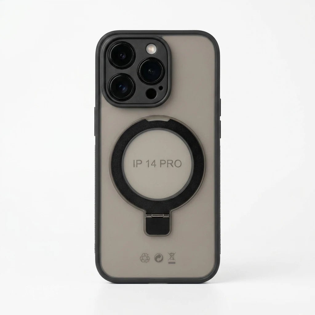 A semi-transparent gray protective phone case with a black bumper frame and a built-in MagSafe ring on the back, shown on a white background.