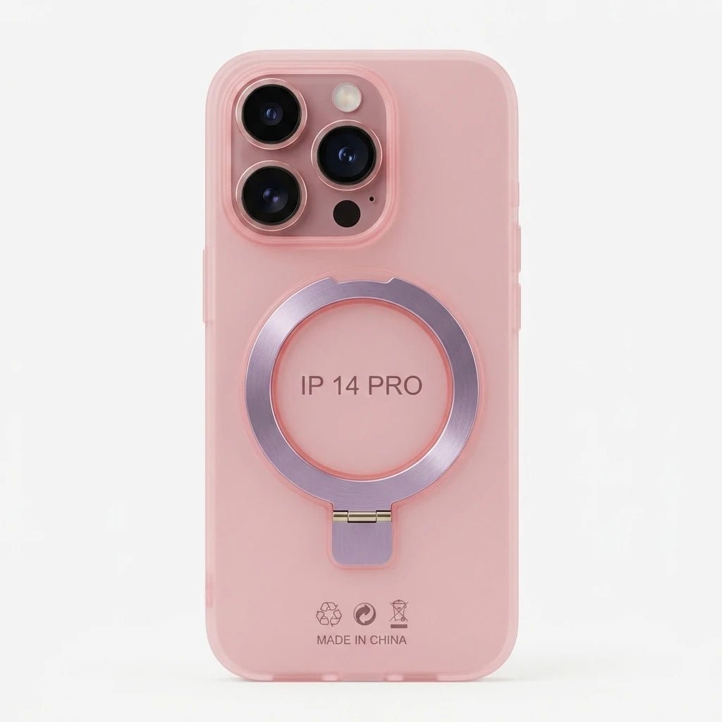 A light pink protective phone case for an iPhone, featuring a built-in metallic MagSafe-compatible ring on the back with a fold-out kickstand.