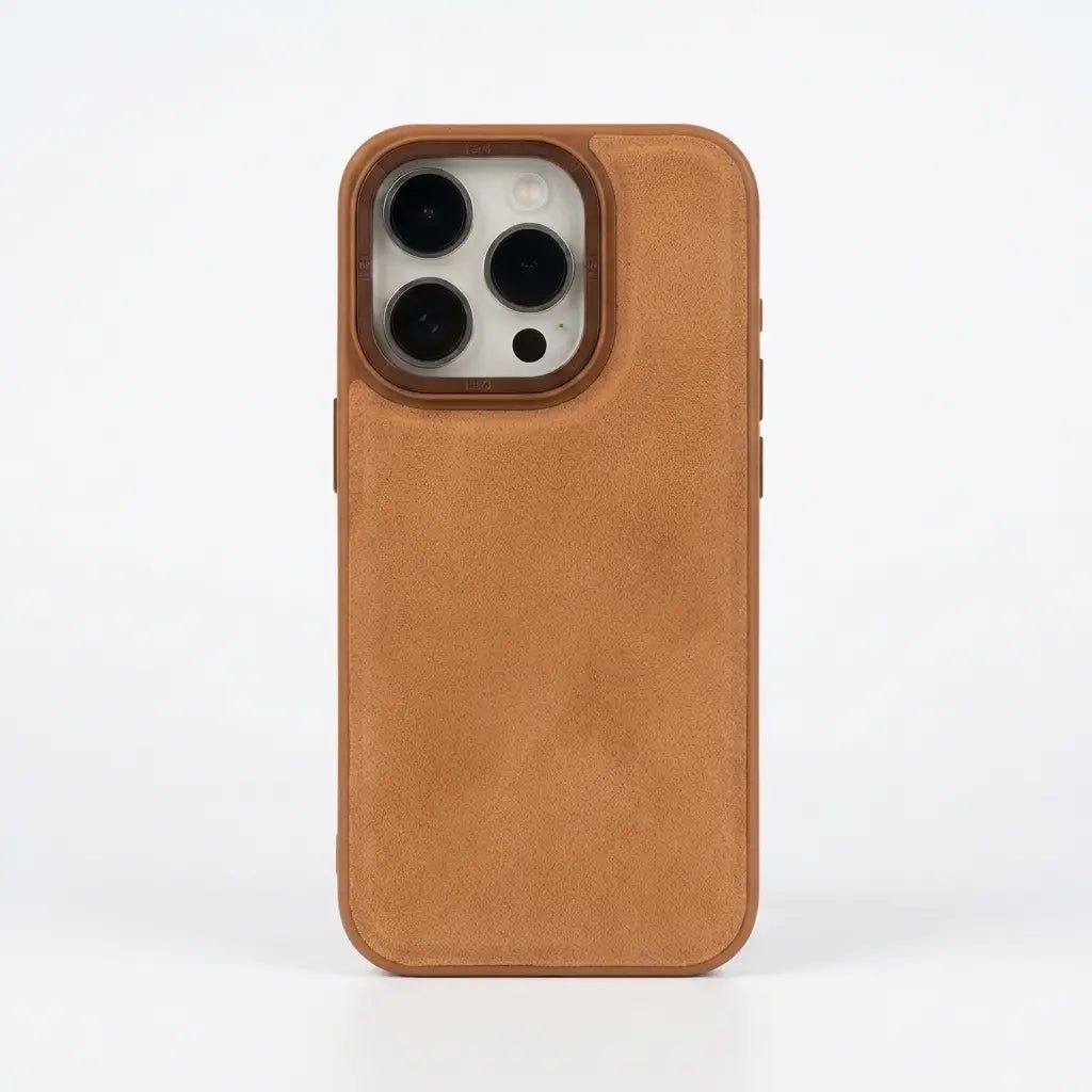 A tan leather phone case with a matching wooden camera ring, shown on a white background.
