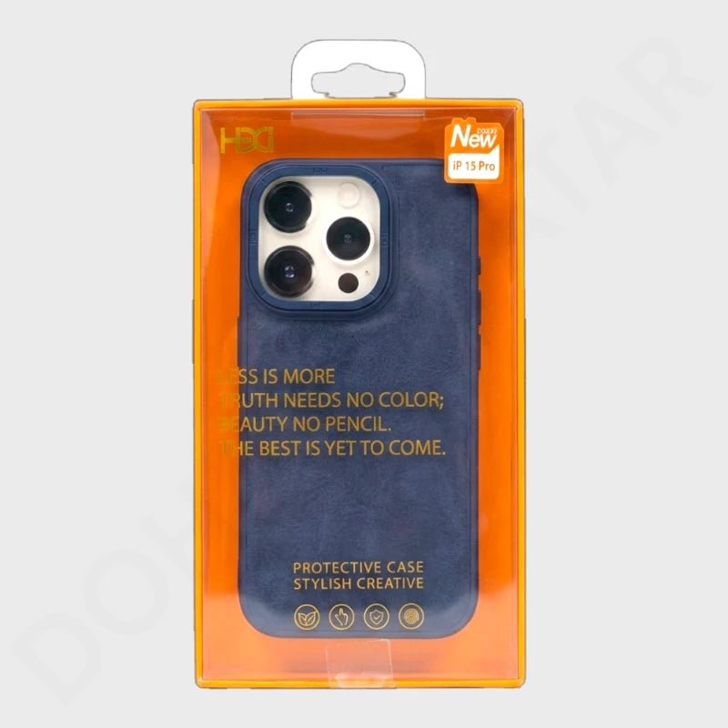 A dark navy blue protective phone case for an iPhone 13 Pro, displayed inside its orange retail packaging. The case features gold text with a quote and is shown through a clear plastic window with an orange border.