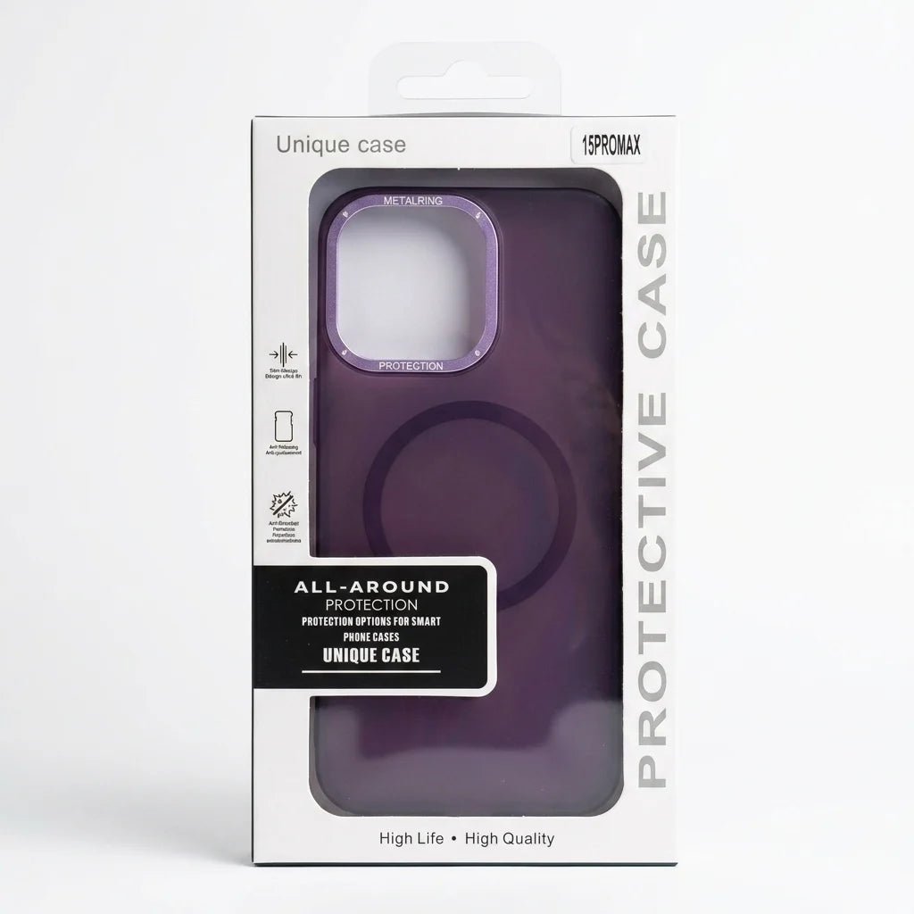 A purple MagSafe-compatible phone case in its original retail packaging, featuring a black and white box with clear window display.