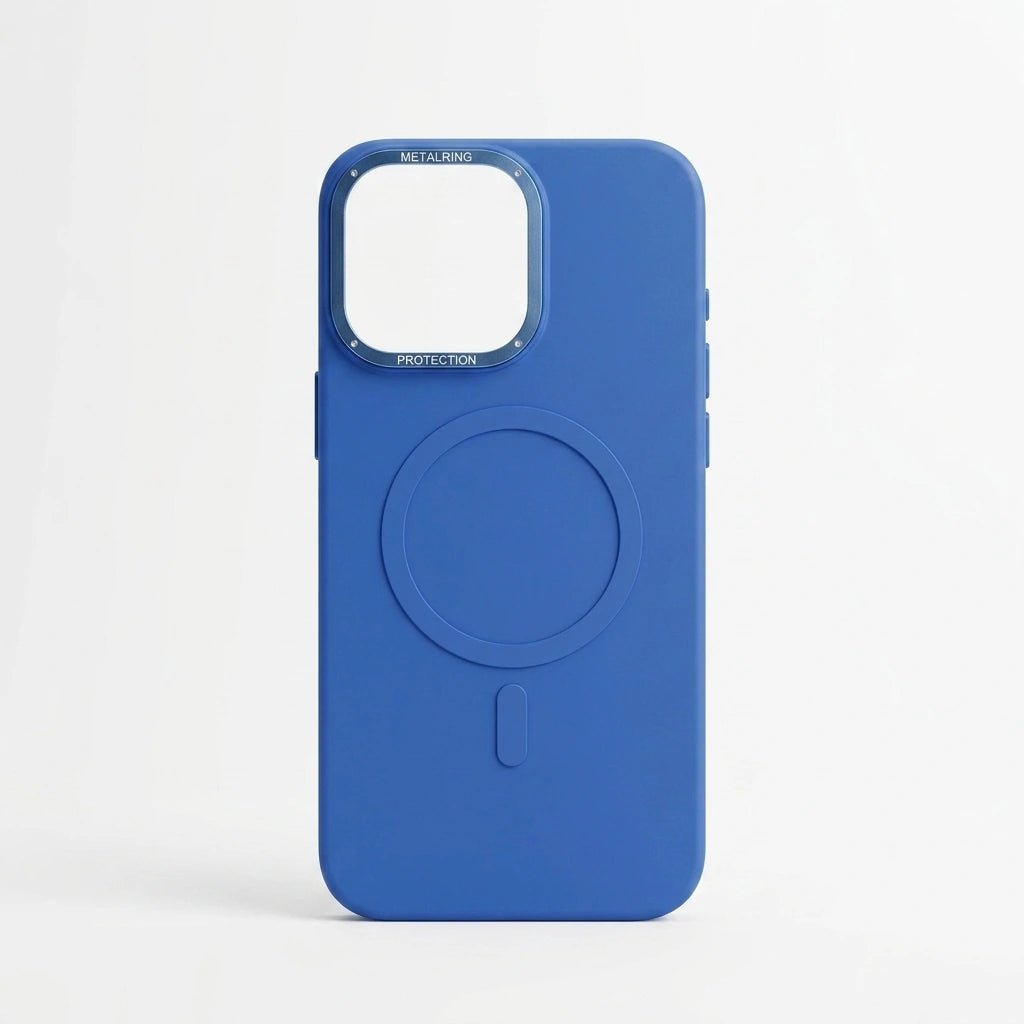 A blue protective phone case with a MagSafe-compatible circular magnetic ring on the back, shown on a clean white background.