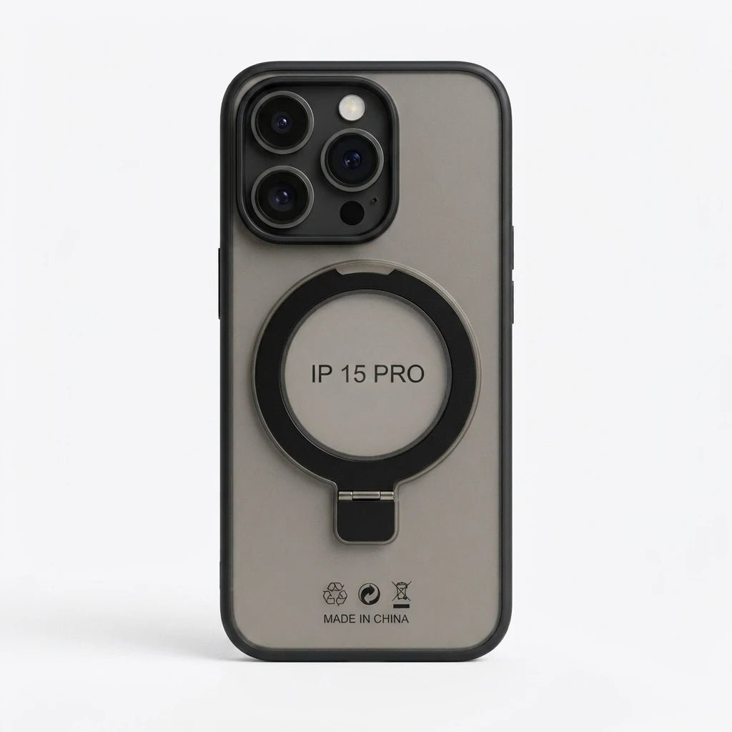 A gray and black protective phone case for an iPhone 15 Pro, featuring a built-in circular MagSafe ring and a kickstand design, shown on a light gray background.