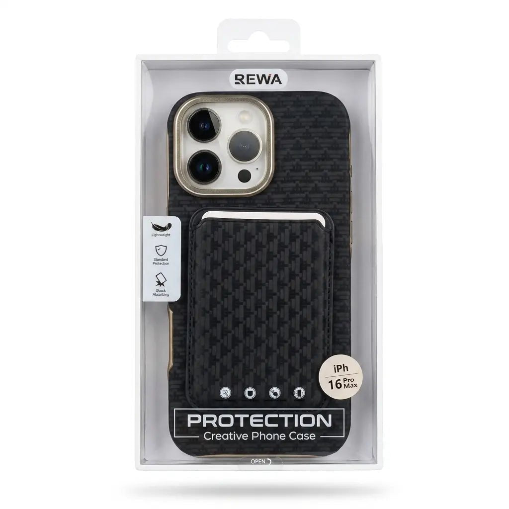 REWA iPhone 16 Pro case in its retail packaging, featuring a black carbon fiber textured design with a built-in card slot.