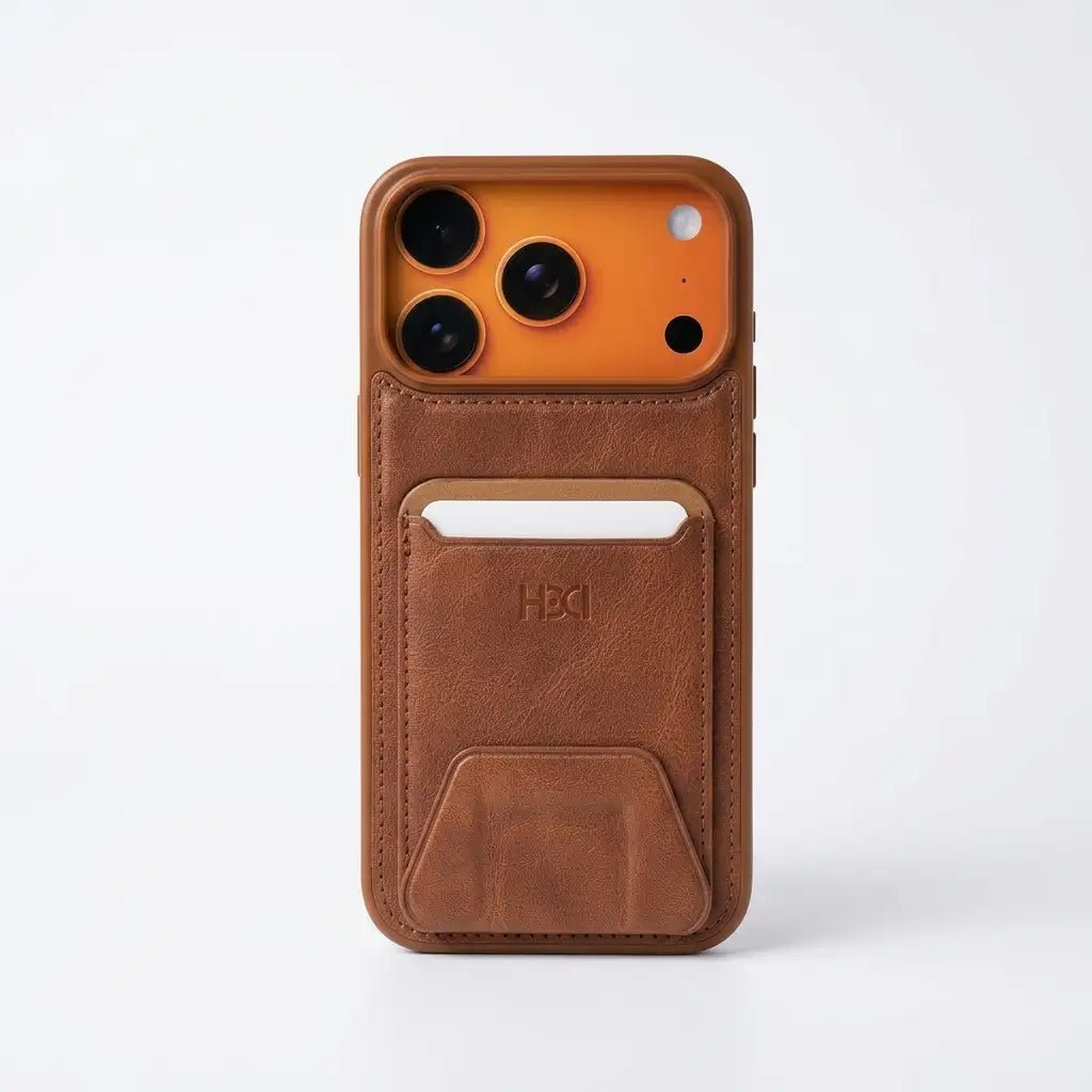 A brown leather phone case with a built-in orange accent around the camera cutout and a front card slot pocket, shown on a white background.