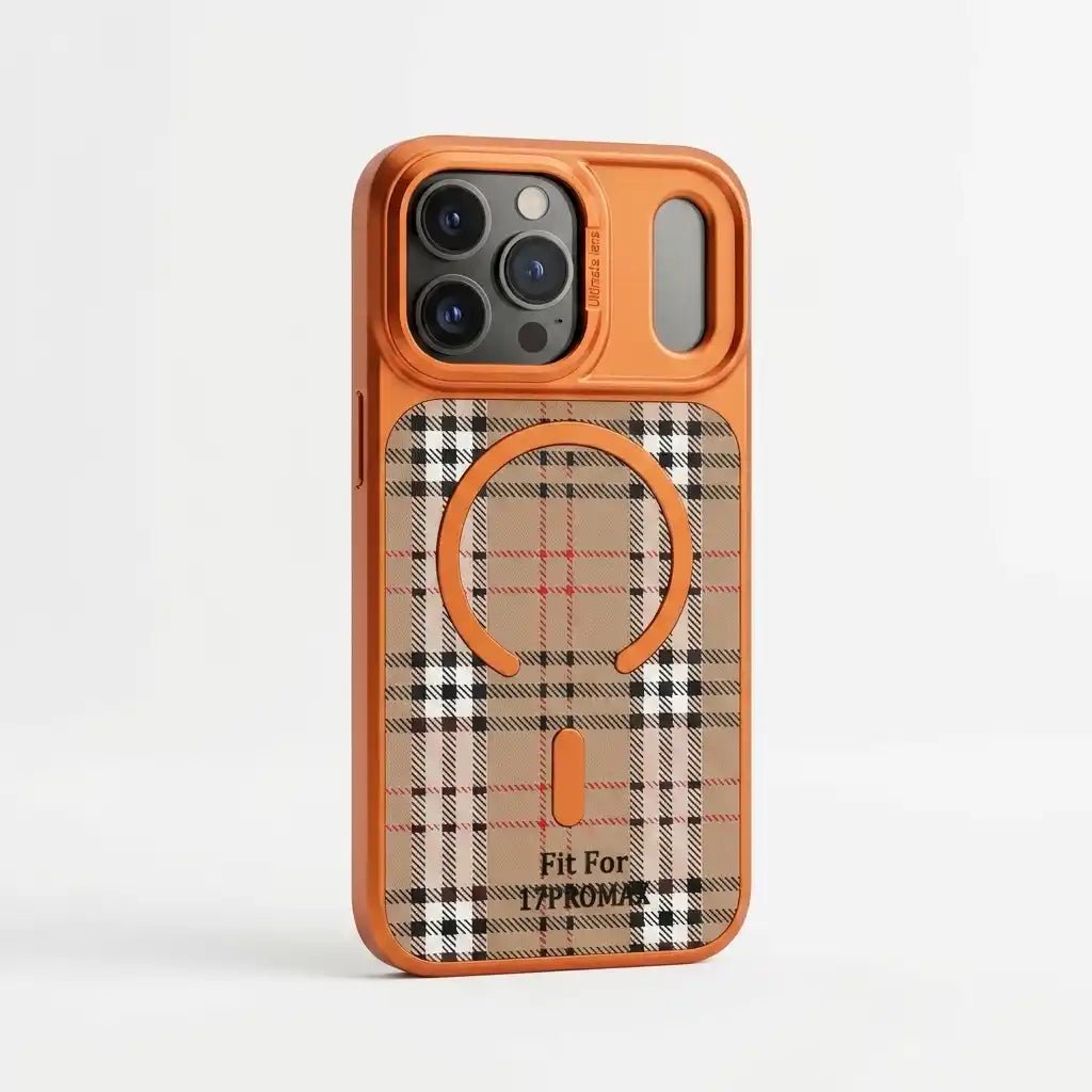 Phone case with plaid pattern and orange accents on a white background