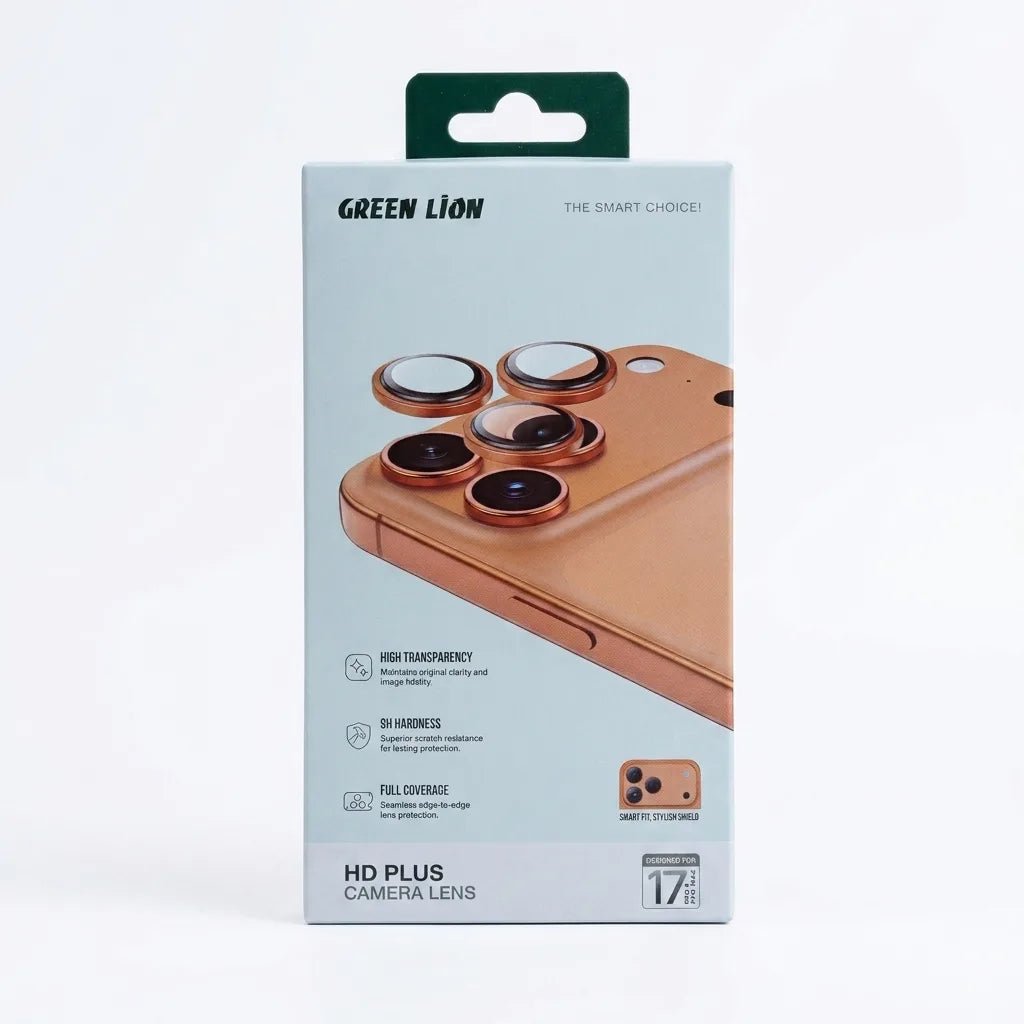 Green Lion HD Plus Camera Lens packaging box for iPhone, featuring a light blue and white design with a green hanging tab and an illustration of the lens protectors on a rose gold phone.
