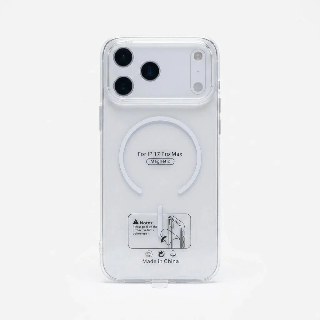 A clear protective phone case for an iPhone 1.7 Pro Max, featuring a white magnetic ring and printed compatibility and instruction labels on the back, shown against a light gray background.