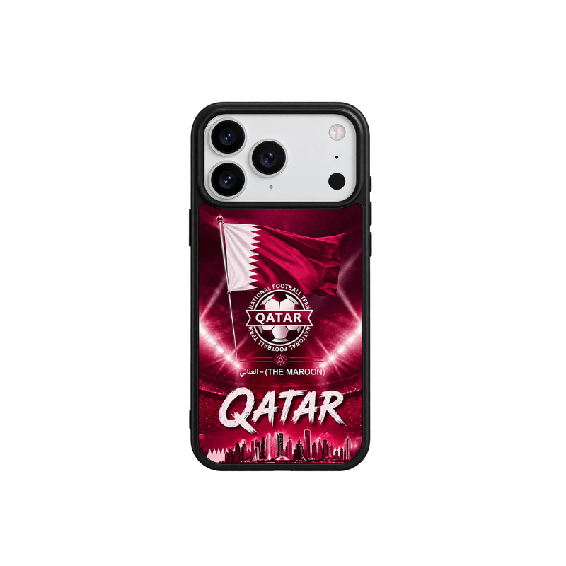 A black phone case featuring a Qatar football graphic with the Qatar flag, stadium lights, and 'QATAR' text, shown on a white background.