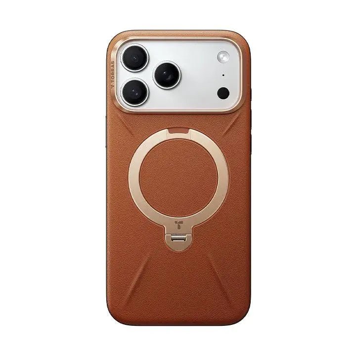 iPhone 17 Pro TORRAS Ostand Spin Vegan Leather Case with MagSafe & 360° Kickstand - Amber Brown - Dohans Essentials - qatar