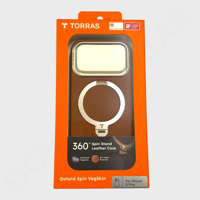 iPhone 17 Pro TORRAS Ostand Spin Vegan Leather Case with MagSafe & 360° Kickstand - Amber Brown - Dohans Essentials - qatar