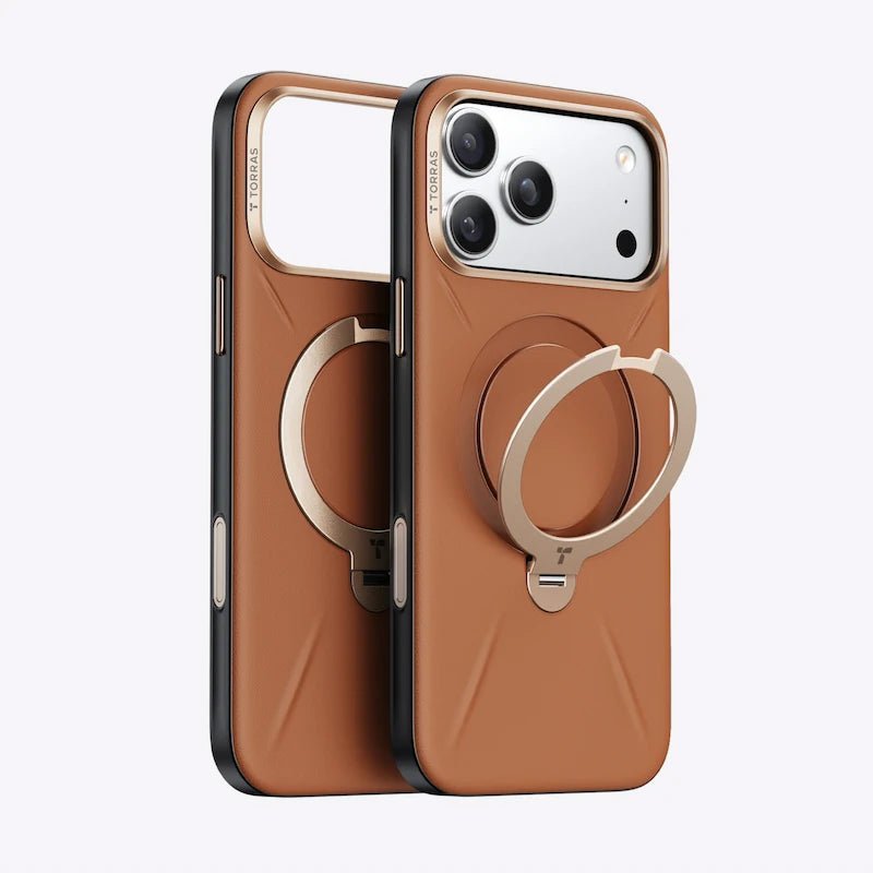 iPhone 17 Pro TORRAS Ostand Spin Vegan Leather Case with MagSafe & 360° Kickstand - Amber Brown - Dohans Essentials - qatar