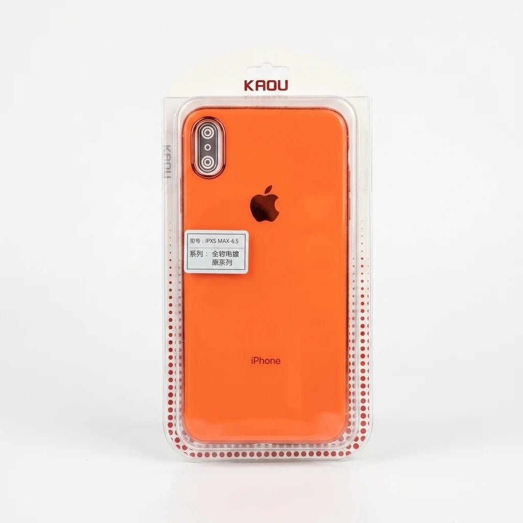 An orange protective phone case for an iPhone, shown inside its clear plastic retail packaging with a red dotted border. The brand 'KAOU' is printed at the top of the packaging.