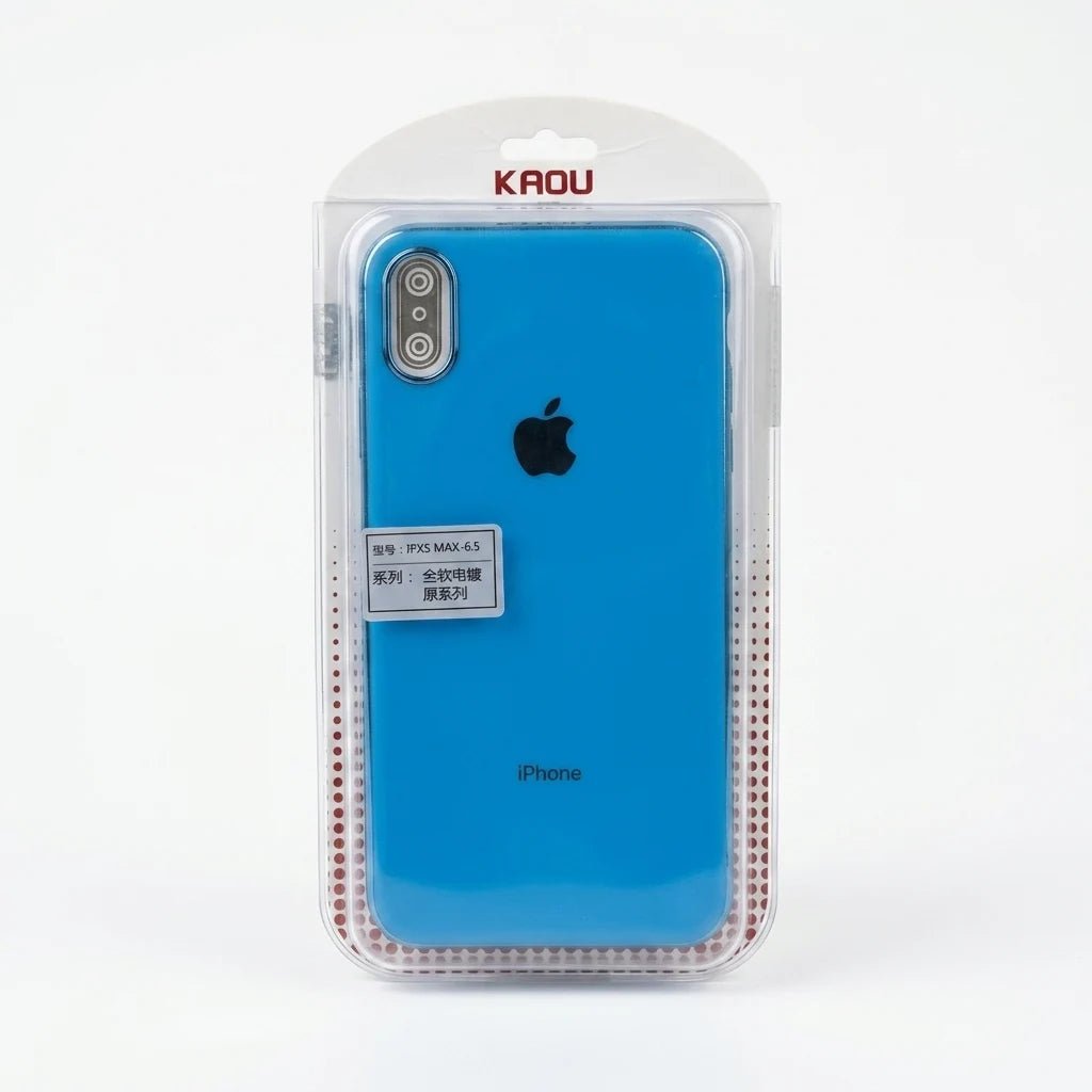 A blue protective phone case with a clear outer blister pack, containing an iPhone. The case features a textured, dotted pattern around the edges and a black camera cutout.